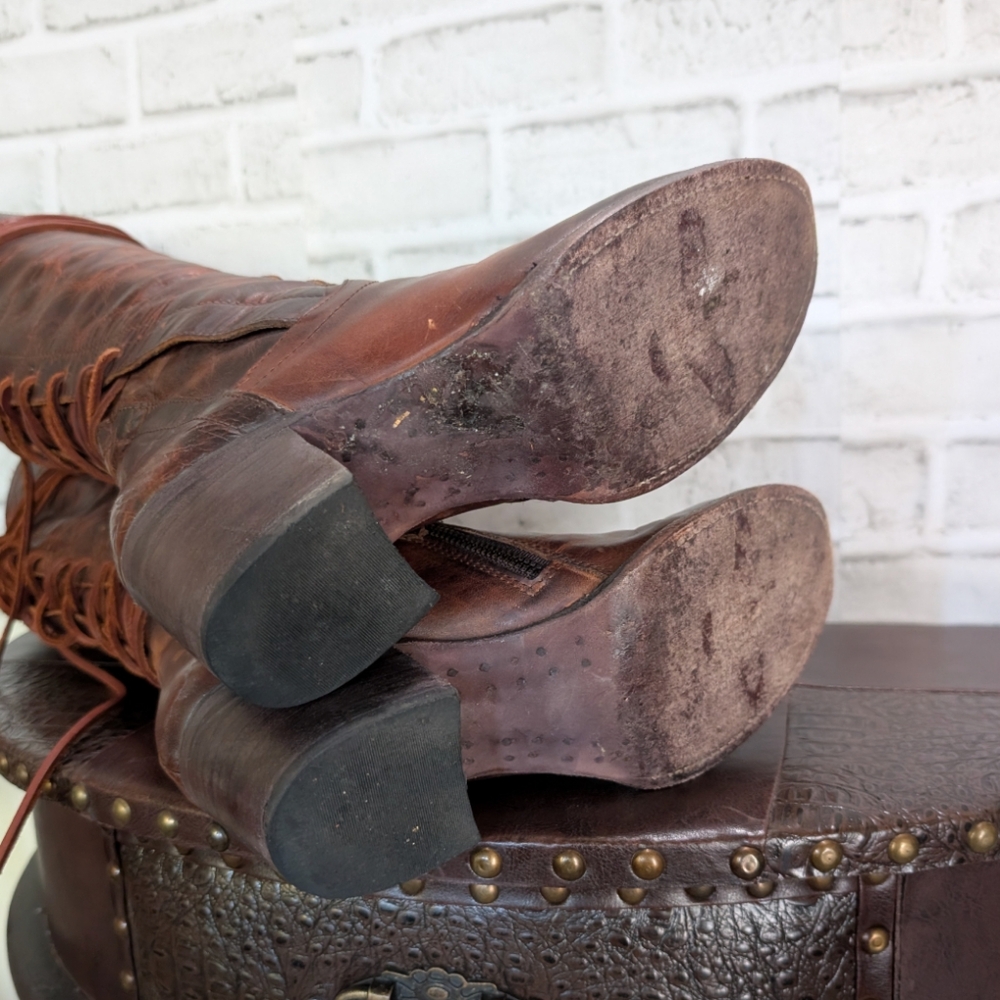 FreeBird By Steven COSMO Cognac Distressed Leather Back Lace Up Corset Boots 9 - Picture 9 of 13